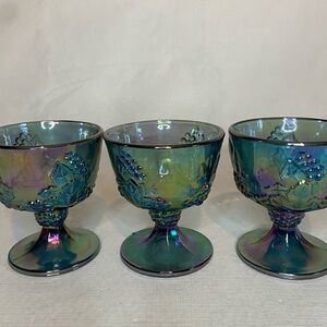 Indiana Harvest Carnival Glass Sherbet Set of 3 Iridescent Blue